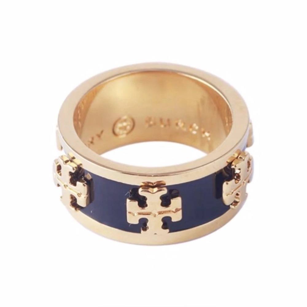 TORY BURCH Black Enamel Raised Logo Ring SIZE  7 NWT